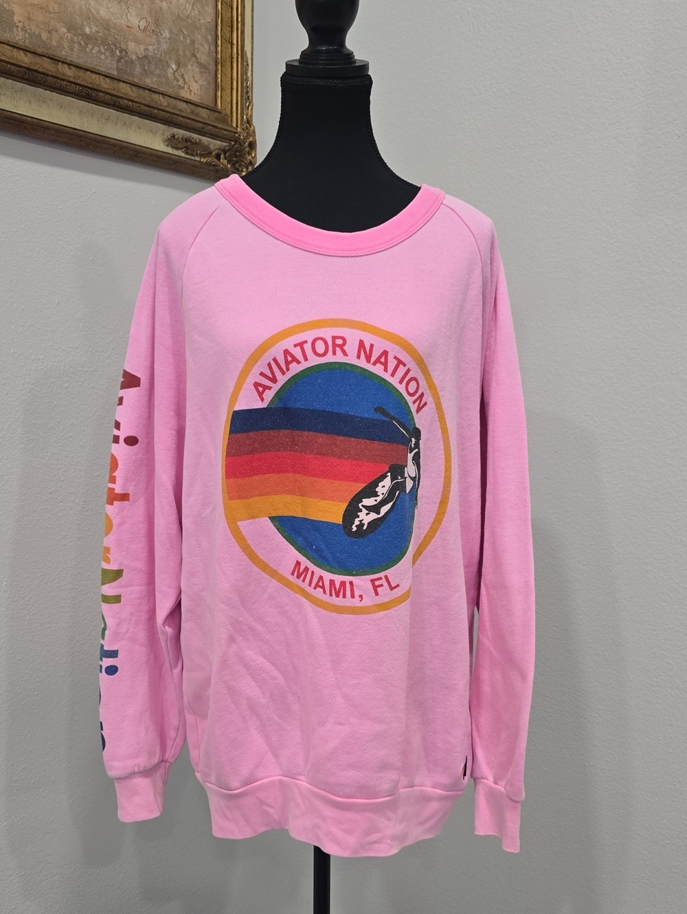 Aviator Nation Miami FL - Relaxed Crewneck Pink Size XL Retro GraphicSweatshirt